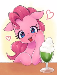 Size: 1200x1600 | Tagged: safe, artist:ayahana, pinkie pie, earth pony, pony, g4, blushing, cherry, cute, diapinkes, female, floppy ears, food, heart, heart eyes, looking at you, milkshake, mouth hold, solo, wingding eyes