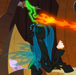 Size: 728x716 | Tagged: safe, queen chrysalis, pony, frenemies (episode), g4, cropped, cupcake, eyes closed, food, implied lord tirek, magic drain, magic theft, offscreen character, solo, that centaur sure does love magic