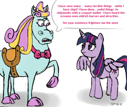 Size: 759x637 | Tagged: safe, artist:sahxyel, twilight sparkle, alicorn, horse, pony, g4, abuse, bow, comic, crossover, dave the barbarian, female, flower, insult, male, mare, raised eyebrow, raised hoof, saddle, signature, simple background, speech bubble, twilight sparkle (alicorn), twilybuse, twinkle the marvel horse, white background, wings