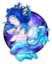 Size: 900x1116 | Tagged: safe, artist:mychelle, oc, oc only, oc:ocean wave, seapony (g4), blue eyes, blue mane, bubble, cheek fluff, fish tail, mermaid tail, seashell necklace, simple background, smiling, solo, tail, transparent background, underwater, unshorn fetlocks, water