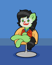 Size: 1200x1500 | Tagged: safe, artist:kumakum, oc, oc only, oc:filly anon, earth pony, semi-anthro, arm hooves, chair, clothes, clown makeup, crossed legs, dc comics, digital art, female, filly, joker (2019), makeup, shirt, simple, sitting, society, solo, the joker, this will end in getting what you fucking deserve