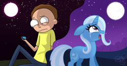 Size: 1457x756 | Tagged: safe, artist:galaxiemadchen, trixie, human, pony, unicorn, g4, crack shipping, crossover, crossover shipping, crying, female, male, morty smith, mortytri, rick and morty, shipping, straight
