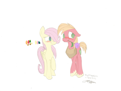 Size: 1280x959 | Tagged: dead source, safe, artist:estrill, part of a set, big macintosh, fluttershy, earth pony, pegasus, pony, g4, 2013, blushing, colored sketch, female, floppy ears, flower, flower in mouth, looking away, male, mouth hold, ship:fluttermac, shipping, signature, simple background, sketch, straight, white background, wip