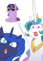 Size: 2480x3508 | Tagged: safe, artist:underpable, princess celestia, princess luna, twilight sparkle, alicorn, pony, unicorn, g4, :o, female, high res, horn, impossibly large horn, jewelry, mare, meme, open mouth, pointing, regalia, royal sisters, siblings, simple background, sisters, sitting, soyjak, soyjaks pointing, sunglasses, twiggie, unicorn twilight, white background, wojak