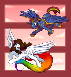 Size: 3800x4096 | Tagged: safe, artist:mscolorsplash, oc, oc only, oc:color splash, oc:nebula, pegasus, pony, commission, duo, female, flying, male, mare, spread wings, stallion, wings