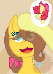 Size: 488x680 | Tagged: safe, artist:pichu1129, apple bloom, oc, oc:apple slice, earth pony, pony, g4, apple bloom's bow, aunt and niece, bow, eyes closed, female, filly, hair bow, head pat, heterochromia, mare, offscreen character, offspring, open mouth, open smile, parent:applejack, parent:caramel, parents:carajack, pat, petting, smiling