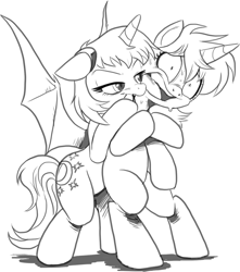 Size: 1123x1273 | Tagged: safe, artist:nauyaco, oc, oc only, alicorn, bat pony, bat pony alicorn, pony, unicorn, bat wings, bipedal, blood sucking, duo, duo female, female, horn, monochrome, wings