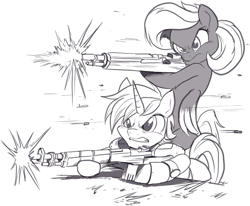 Size: 1191x981 | Tagged: safe, artist:nauyaco, oc, oc only, pegasus, pony, unicorn, bipedal, duo, female, gun, gunshot, male, mare, monochrome, shooting, weapon