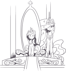 Size: 1209x1297 | Tagged: safe, artist:nauyaco, princess cadance, princess celestia, alicorn, pony, g4, crown, duo, duo female, female, hoof shoes, jewelry, monochrome, regalia, sitting, size difference, throne