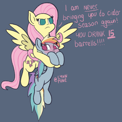 Size: 2048x2048 | Tagged: safe, artist:lynnpone, fluttershy, rainbow dash, pegasus, pony, g4, assisted flying, blue background, blushing, carrying, cider, cider dash, drunk, drunker dash, female, flying, high res, lesbian, misspelling, ship:flutterdash, shipping, shipping fuel, simple background, text, wings