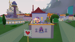 Size: 1920x1080 | Tagged: safe, oc, oc only, oc:grace seraph, legends of equestria, building, cobblestone street, female, filly, game, game screencap, grass, heart, male, mare, stallion, table, umbrella, video game