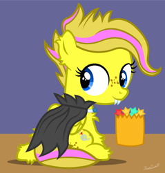 Size: 2000x2095 | Tagged: safe, artist:thunderdasher07, oc, oc only, oc:mist dasher, pony, alternate hairstyle, butt freckles, candy, candy bag, chest fluff, clothes, costume, ear fluff, facial freckles, fake fangs, female, filly, food, freckles, halloween, halloween costume, high res, nightmare night, simple background, solo, vampire costume