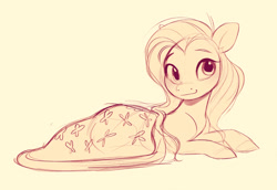 Size: 2340x1607 | Tagged: safe, artist:imalou, fluttershy, pegasus, pony, g4, blanket, blushing, cute, daaaaaaaaaaaw, female, looking at you, lying down, mare, monochrome, prone, shyabetes, simple background, sketch, smiling