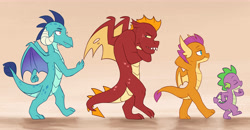Size: 7500x3900 | Tagged: safe, artist:chub-wub, garble, princess ember, smolder, spike, dragon, g4, arm behind head, crossed arms, dragoness, eyes closed, female, line-up, male, orange background, profile, simple background, walking