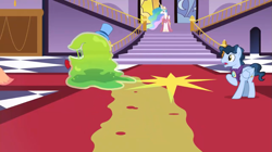 Size: 1075x604 | Tagged: safe, screencap, princess celestia, smooze, alicorn, pegasus, pony, g4, make new friends but keep discord, canterlot castle, clothes, concerned, crown, dress, hat, hoof shoes, jewelry, open mouth, regalia, shocked, stained glass, stairs, top hat, trio