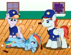 Size: 1280x990 | Tagged: safe, artist:spellboundcanvas, copper top, rainbow dash, earth pony, pegasus, pony, g4, alcohol, apple, arrested, beer bottle, bottle, bound wings, broken window, cuffs, dashaholic, drunk, drunker dash, food, go home you're drunk, newbie artist training grounds, police, restraints, trash, window, wing cuffs, wings