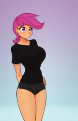 Size: 1541x2400 | Tagged: safe, artist:scorpdk, scootaloo, human, g4, adorasexy, adult, alternate hairstyle, arm behind back, big breasts, blushing, booty shorts, breasts, busty scootaloo, clothes, curvy, cute, cutealoo, ear piercing, earring, eyelashes, gradient background, hand on hip, heart eyes, huge breasts, humanized, jewelry, lips, older, older scootaloo, pants, piercing, purple eyes, sexy, short pants, shorts, simple background, smiling, solo, thighs, wingding eyes