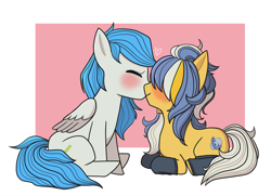 Size: 3000x2171 | Tagged: safe, artist:off_9999, oc, oc:stormpone, oc:sun showers, pegasus, pony, blushing, clothes, cute, eyes closed, hair over one eye, high res, kissing, sitting, socks, text