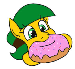 Size: 601x551 | Tagged: safe, artist:jargon scott, oc, oc only, oc:blocky bits, earth pony, pony, donut, eating, female, food, giant food, mare, simple background, solo, white background