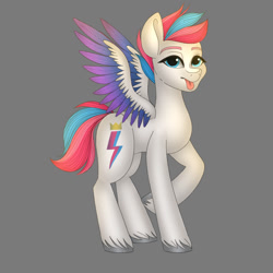 Size: 828x828 | Tagged: safe, artist:ittybittybiters, zipp storm, pegasus, pony, g5, female, gray background, mare, simple background, solo, spread wings, tongue out, wings