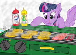 Size: 1280x929 | Tagged: safe, artist:pianoflagerag, twilight sparkle, alicorn, fish, pony, salmon, atg 2021, barbeque, burger, food, grill, hay burger, hot dog, hungry, ketchup, looking down, meat, mustard, newbie artist training grounds, sauce, sausage, smoke, spread wings, that pony sure does love burgers, tongue out, twilight burgkle, twilight sparkle (alicorn), wings