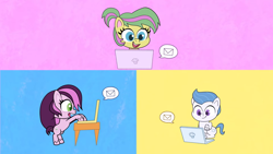 Size: 1920x1080 | Tagged: safe, screencap, boogie board, lilith, pineapple salsa, earth pony, pony, dear tabby, g4.5, my little pony: pony life, background pony, bipedal, bipedal leaning, computer, female, laptop computer, leaning, male, mare, sitting, stallion