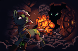 Size: 1833x1205 | Tagged: safe, artist:ligerstorm, oc, oc only, oc:wandering sunrise, earth pony, pony, fallout equestria, fallout equestria: dead tree, explosion, pipbuck, solo, stable (vault), stable-tec, vault
