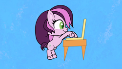 Size: 1920x1080 | Tagged: safe, screencap, lilith, earth pony, pony, dear tabby, g4.5, my little pony: pony life, bipedal, bipedal leaning, blue background, computer, female, laptop computer, leaning, mare, simple background, solo, table, typing