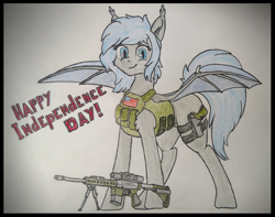 Size: 3400x2673 | Tagged: safe, artist:yognaughtsteve, oc, oc only, oc:midnight dagger, bat pony, pony, 4th of july, glock, gun, high res, holiday, independence day, pistol, plate carrier, rifle, solo, united states, weapon