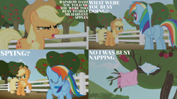 Size: 1280x720 | Tagged: safe, edit, edited screencap, editor:quoterific, screencap, applejack, rainbow dash, earth pony, pegasus, pony, g4, season 1, the ticket master, apple, applejack's hat, blanket, cowboy hat, eyes closed, female, fence, food, hat, mare, open mouth, pillow, tree