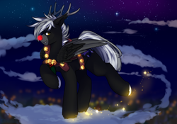 Size: 900x631 | Tagged: safe, artist:mediasmile666, oc, oc only, pegasus, pony, animal costume, antlers, clothes, cloud, costume, deer costume, looking at you, male, night, night sky, sky, solo, stallion