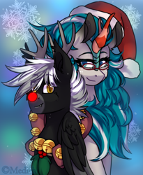 Size: 900x1098 | Tagged: safe, artist:mediasmile666, oc, oc only, kirin, pegasus, pony, abstract background, christmas, duo, female, hat, holiday, kirin oc, looking at you, male, mare, santa hat, sitting, stallion