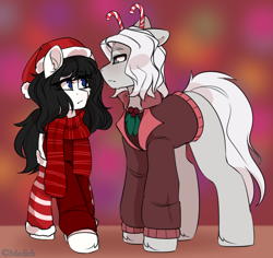 Size: 900x851 | Tagged: safe, artist:mediasmile666, oc, oc only, earth pony, pony, abstract background, christmas, clothes, duo, female, hat, holiday, looking at each other, male, mare, santa hat, scarf, stallion, standing