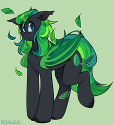 Size: 900x989 | Tagged: safe, artist:mediasmile666, oc, oc only, bat pony, pony, bat pony oc, female, green background, leaf, looking at you, mare, raised leg, simple background, solo