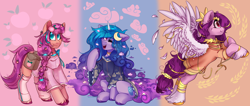 Size: 4168x1770 | Tagged: safe, artist:mediasmile666, izzy moonbow, pipp petals, sunny starscout, earth pony, pegasus, pony, unicorn, g5, bag, colored hooves, female, mare, saddle bag, spread wings, trio, unshorn fetlocks, wings