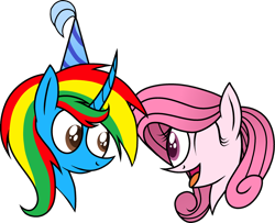 Size: 2940x2390 | Tagged: safe, artist:muhammad yunus, oc, oc:annisa trihapsari, oc:shield wing, alicorn, earth pony, pony, birthday, duo, female, hat, high res, male, mare, one eye closed, open mouth, open smile, party hat, simple background, smiling, stallion, transparent background, vector