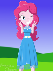 Size: 1500x2000 | Tagged: safe, artist:phantomshadow051, pinkie pie, equestria girls, g4, clothes, double peace sign, dress, eyebrows, eyebrows visible through hair, female, grin, one eye closed, peace sign, smiling, solo, wink