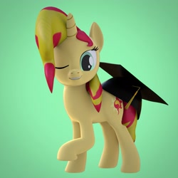 Size: 4000x4000 | Tagged: safe, artist:wissle, sunset shimmer, pony, unicorn, g4, 3d, absurd resolution, atg 2021, blender, female, graduation cap, happy, hat, looking at you, mare, newbie artist training grounds, one eye closed, raised leg, simple background, smiling, solo, wink