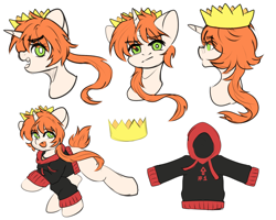 Size: 2500x2000 | Tagged: safe, artist:etoz, oc, oc only, oc:etoz, pony, unicorn, :p, angry, clothes, crown, eyebrows, eyebrows visible through hair, fangs, female, high res, hoodie, horn, jewelry, mare, open mouth, reference sheet, regalia, sketch, solo, tongue out, unicorn oc