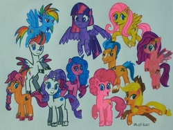 Size: 1331x1000 | Tagged: safe, artist:karadeg, applejack, fluttershy, hitch trailblazer, izzy moonbow, pinkie pie, pipp petals, rainbow dash, rarity, sunny starscout, twilight sparkle, zipp storm, alicorn, earth pony, pegasus, pony, unicorn, g4, g4.5, g5, my little pony: a new generation, my little pony: pony life, g4.5 to g4, g5 to g4, g5 to g4.5, g5 to g4.5 to g4, mane five, mane six, twilight sparkle (alicorn)