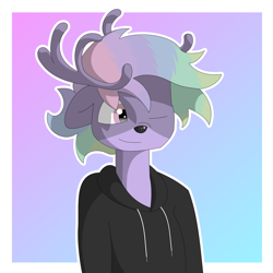 Size: 2400x2400 | Tagged: safe, artist:tav, oc, oc only, oc:bubsie, deer, anthro, clothes, high res, hoodie, one eye closed, simple background, smiling, solo, wink