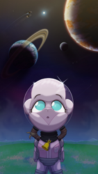 Size: 2160x3840 | Tagged: safe, artist:ljdamz1119, pom (tfh), lamb, sheep, them's fightin' herds, bell, community related, female, high res, looking up, planet, solo, space, spaceship, spacesuit, stars