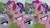 Size: 1280x720 | Tagged: safe, edit, edited screencap, editor:quoterific, screencap, maud pie, pinkie pie, starlight glimmer, earth pony, pony, unicorn, g4, rock solid friendship, season 7, bag, bipedal, boop, face to face, female, mare, nose to nose, noseboop, open mouth, pie sisters, saddle bag, siblings, sisters, trio, trio female