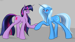 Size: 3504x1983 | Tagged: safe, artist:renarde-louve, trixie, twilight sparkle, pony, unicorn, g4, concave belly, female, lesbian, long legs, ship:twixie, shipping, unicorn twilight