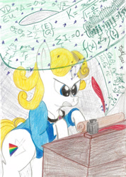 Size: 1280x1795 | Tagged: safe, artist:pianoflagerag, oc, oc only, oc:guiding light, pony, unicorn, atg 2021, bipedal, bipedal leaning, desk, female, formula, furious, glowing horn, horn, inkwell, intense, leaning, logic, magic, magic aura, music, music notes, newbie artist training grounds, physics, quill, rearing, solo, traditional art, writing