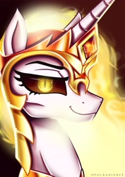 Size: 2896x4096 | Tagged: safe, artist:opal_radiance, daybreaker, alicorn, pony, g4, dark sclera, glowing eyes, high res, looking at you, mane of fire, smiling, solo