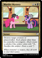Size: 375x523 | Tagged: safe, edit, pinkie pie, twilight sparkle, earth pony, pony, unicorn, g4, mmmystery on the friendship express, bowler hat, bubble, bubble pipe, ccg, deerstalker, detective, hat, implied death, magic the gathering, pipe, sherlock, sherlock holmes, sherlock sparkle, trading card, trading card edit, train, train car, watson