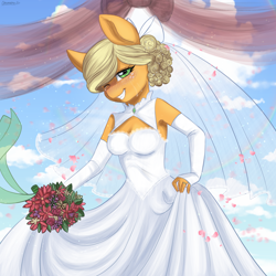 Size: 2200x2200 | Tagged: safe, artist:cottonaime, derpibooru exclusive, applejack, earth pony, anthro, g4, alternate hairstyle, blushing, bouquet of flowers, bow, clothes, crying, dress, female, flower, green eyes, happy, high res, jewelry, looking at you, mare, marriage, ring, solo, tears of joy, teary eyes, wedding, wedding dress, wedding ring, wedding veil, white dress, your character here