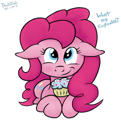 Size: 1200x1200 | Tagged: safe, artist:dashyoshi, pinkie pie, earth pony, pony, g4, blushing, cupcake, cute, cutie mark, diapinkes, female, floppy ears, food, looking at you, lying down, simple background, solo, text, transparent background