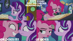 Size: 1280x720 | Tagged: safe, edit, edited screencap, editor:quoterific, screencap, pinkie pie, starlight glimmer, trixie, earth pony, pony, unicorn, g4, season 8, the maud couple, book, boop, female, mare, nose to nose, noseboop, open mouth